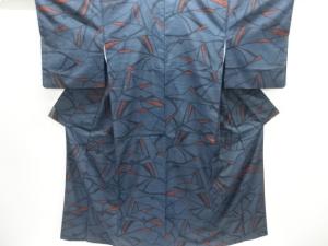 花に抽象模様織り出し手織り紬着物